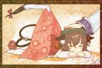  :3 animal_ears bad_id blanket brown_hair cat_ears cat_tail chen closed_eyes crayon drawings dress elbow_gloves eyes_closed gap gloves hands hat highres holding jewelry letterboxed long_sleeves lying multiple_girls multiple_tails no_shoes on_stomach paper petting red_ribbon ribbon ringetsumon short_hair single_earring sleeping smile tail touhou translated white_legwear yakumo_ran yakumo_yukari yarnball 