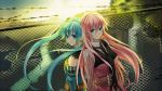  aqua_eyes aqua_hair back-to-back fence hatsune_miku long_hair looking_at_viewer megurine_luka multiple_girls pink_hair smile teito twintails vocaloid 