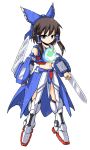  alternate_costume bow brown_hair dual_wielding exia gundam gundam_00 gundam_exia hair_bow hair_tubes hakurei_reimu mecha_musume mochizuki_ado navel solo sword touhou weapon yin_yang 