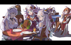  6+girls absurdres ahoge azur_lane belfast_(azur_lane) blue_eyes braid collar edinburgh_(azur_lane) hands_up highres juice maid maid_headdress metal_collar multiple_girls ning_hai_(azur_lane) orange_juice ping_hai_(azur_lane) plate purple_hair shadow simple_background sitting sweatdrop swept_bangs table verbalthought vestal_(azur_lane) white_background white_hair 