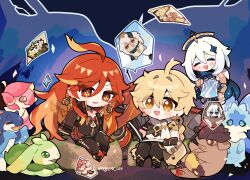  1boy 2girls aether_(genshin_impact) ahoge arm_guards bare_shoulders biker_clothes bikesuit black_gloves black_jacket black_suit blonde_hair bodysuit boots braid brown_footwear brown_pants brown_shirt chibi chibi_only chinese_commentary closed_eyes creature crop_top cropped_jacket detached_collar dress earrings floating flower friends genshin_impact gloves hair_between_eyes hair_flower hair_ornament halo hands_up happy headpiece high_collar highres holding huge_ahoge iktomisaurus_(genshin_impact) jacket jewelry knee_boots knee_up koholasaurus_(genshin_impact) kyou_039 leather leather_jacket leather_suit long_braid long_hair long_sleeves looking_at_viewer mavuika_(genshin_impact) multicolored_hair multiple_girls night open_mouth orange_eyes outdoors paimon_(genshin_impact) pants partially_unzipped qucusaurus_(genshin_impact) red_eyes redhead scarf shirt short_hair short_sleeves single_braid sitting star_(symbol) star_hair_ornament streaked_hair suit tepetlisaurus_(genshin_impact) wavy_hair white_hair white_scarf wide_sleeves yumkasaurus_(genshin_impact) 