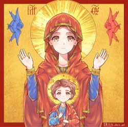  1boy 1girl an_dres_art brown_eyes brown_hair cherub christianity closed_mouth highres hood icon_(religion) jesus looking_at_viewer mantle smile the_bible upper_body virgin_mary 
