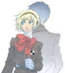  1girl aegis android arisato_minato back-to-back blonde_hair blue_eyes blue_hair bow breasts cyborg flat_chest formal gloves persona persona_3 ribbon ryuuen school_uniform short_hair suit 