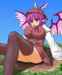  absurdres bad_id black_legwear breasts city dautsen giantess hat head_wings highres large_breasts mystia_lorelei open_mouth purple_eyes sitting sky solo thigh-highs thighhighs touhou violet_eyes wings 