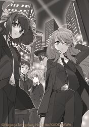  2boys 3girls arm_up artist_name asahina_mikuru belt building city cityscape commentary_request greyscale hair_ribbon hairband hat ito_noizi jacket koizumi_itsuki kyon long_hair monochrome multiple_boys multiple_girls nagato_yuki necktie pants ribbon second-party_source short_hair skyscraper sos_brigade suit suzumiya_haruhi suzumiya_haruhi_no_yuuutsu vest watermark 