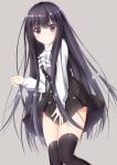  black_hair black_legwear blush buttons cravat dress frown grey_background highres inu_x_boku_ss long_hair long_sleeves looking_at_viewer purple_eyes school_uniform sena_chifuyu shirakiin_ririchiyo simple_background solo thigh-highs thighhighs very_long_hair violet_eyes 