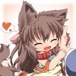  :d animal_ears brown_hair chibi closed_eyes collar dog_ears dog_tail dress eyes_closed fang hair_ribbon hand_in_hair heart kuroneko_liger long_hair manaka open_mouth original oversized_clothes petting ribbon shirt smile tail wrist_grab yellow_dress 