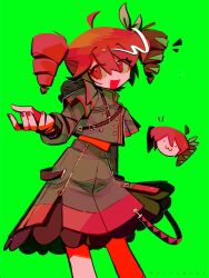  1girl :d ahoge arm_at_side bow buttons commentary cowboy_shot cropped_jacket dot_nose double-breasted double-parted_bangs drill_hair green_background grey_jacket grey_skirt hair_between_eyes hair_bow high-waist_skirt highres jacket kasane_teto kasane_teto_(sv) layered_sleeves long_sleeves looking_to_the_side medium_hair midriff nail_polish reaching reaching_towards_viewer red_eyes red_nails red_trim redhead short_over_long_sleeves short_sleeves shoulder_belt shoulder_boards simple_background skirt smile solo st4ngray staff_(music) synthesizer_v turtleneck turtleneck_jacket twin_drills twintails utau white_bow 