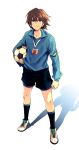  ball blue_eyes brown_hair ddflow fideo_aldena inazuma_eleven inazuma_eleven_(series) kneehighs male orpheus_(inazuma_eleven) shadow shoes shorts soccer_ball soccer_uniform soccerball solo 