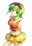  bare_shoulders bisonbison gloves goggles goggles_on_head green_eyes green_hair gumi looking_at_viewer midriff navel short_hair simple_background skirt smile solo vocaloid white_background 
