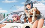  blue_hair brown_eyes car cloud cosplay hairband kaiki_daisakusen motor_vehicle multiple_girls original pink_hair shingyouji_tatsuya short_hair skirt vehicle 