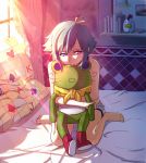  aquarion_(series) aquarion_evol barefoot bed cleavage_cutout curtain curtains doll_hug feet female green_hair hair_ribbon highres hug kneeling on_bed pillow purple_eyes ribbon room sad short_hair short_shorts shorts sitting solo stuffed_animal stuffed_toy sunlight teralimit violet_eyes wariza window zessica_wong 