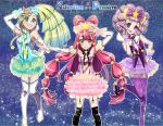  black_legwear blonde_hair blue_background boots bow bowtie curly_hair dress frills galibo green_dress green_eyes grin hair_bow hand_on_hip hips long_hair magical_girl multiple_girls original pantyhose pink_dress pink_hair pointing precure purple_dress purple_eyes purple_hair purple_legwear short_hair side_ponytail smile star thigh-highs thigh_boots thighhighs v violet_eyes yellow_eyes 