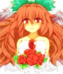  bare_shoulders blush bouquet bow bust dress flower hair_bow highres long_hair open_mouth red_eyes red_hair redhead reiuji_utsuho smile solo third_eye touhou wedding_dress wings zamudelin 