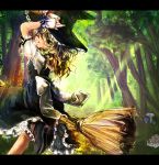  arm_up black_dress blonde_hair bow broom broom_riding dress forest gauntlets hand_on_hat hat kirisame_marisa kuro_(al-dente_660) light_rays long_hair mushroom nature shirt solo touhou wink witch witch_hat yellow_eyes 