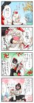  &gt;_&lt; 4koma ^_^ ahoge animal_ears black_hair blue_hair blush closed_eyes comic detached_sleeves eyes_closed geta glowing glowing_eyes hat highres inubashiri_momiji multiple_girls octopus_hold open_mouth shameimaru_aya sleeves_past_wrists smile submission submission_hold sweatdrop tatara_kogasa tokin_hat touhou translated white_hair wolf_ears wrestling yuzuna99 