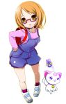  backpack bag brown_eyes brown_hair cat fairy_tone glasses hummy_(suite_precure) nephilimax overalls pink-framed_glasses precure randoseru shirabe_ako shirt shoes short_hair shorts suite_precure white_background 