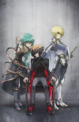  1girl 2boys bad_id bad_pixiv_id black_dress black_shirt blonde_hair bound bound_arms bound_legs bound_wrists brown_eyes brown_hair cape capelet chain chained chained_wrists chair character_request cloak dress genderswap genderswap_(mtf) green_hair grey_background grey_pants highres holding holding_chain jacket johan_andersen looking_at_viewer looking_to_the_side male_focus moribuden multiple_boys pants red_footwear red_jacket scabbard sheath shirt sword weapon white_cape white_capelet white_cloak yu-gi-oh! yu-gi-oh!_gx yuki_judai 