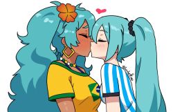  2girls alternate_breast_size aqua_hair argentinian_miku bead_necklace beads blush bra_strap brazilian_flag brazilian_miku breasts earrings flower hair_flower hair_ornament hatsune_miku jewelry kiss large_breasts long_hair lucchettinni messy_hair multiple_girls necklace selfcest shirt short_sleeves striped_clothes striped_shirt tan twintails twitter_username very_long_hair vocaloid yellow_shirt 