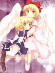  angel_wings blonde_hair blush bow dress fuyoyo gengetsu hair_bow hug maid maid_headdress mugetsu mugetsu_(touhou) multiple_girls short_hair siblings sisters thigh-highs thighhighs touhou touhou_(pc-98) white_legwear wings yellow_eyes zettai_ryouiki 