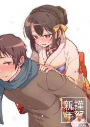  1boy 1girl absurdres blue_scarf braid brown_coat coat commentary_request floral_print hair_ribbon hand_on_another&#039;s_shoulder highres japanese_clothes kimono kyon long_sleeves looking_at_another looking_back new_year print_kimono ribbon scarf simple_background suzumiya_haruhi suzumiya_haruhi_no_yuuutsu taiki_(6240taiki) translation_request white_background yellow_ribbon 