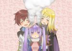  2boys aipheion asbel_lhant blonde_hair blush closed_eyes coat cravat eyes_closed hand_on_head long_hair multiple_boys no_nose petting pink_background purple_eyes purple_hair red_hair redhead richard_(tales_of_graces) smile sophie_(tales_of_graces) steam tales_of_(series) tales_of_graces twintails violet_eyes 