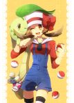  1girl baseball_cap brown_eyes brown_hair chikorita doll hat holding holding_poke_ball jumpluff keychain kotone_(pokemon) poke_ball pokegear pokemon pokemon_(creature) pokemon_(game) pokemon_gsc pokemon_hgss ribbon shooting-star smile solo twintails wink 