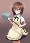  blush brown_hair cosplay hagiwara_yukiho hair_ornament hairclip idolmaster mugcan short_hair shovel solo waitress working!! worktool 