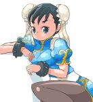  black_eyes black_hair black_legwear bracelet bun_cover china_dress chinese_clothes chun-li double_bun highres jewelry looking_at_viewer okera pantyhose simple_background solo spiked_bracelet spikes street_fighter white_background 