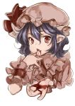  1girl azuki_(azuki-taste) bangs blood blood_on_face bloody_hands fang frills hair_between_eyes hat hat_ribbon highres mob_cap pink_hat pointy_ears puffy_short_sleeves puffy_sleeves red_ribbon remilia_scarlet ribbon short_hair short_sleeves simple_background solo touhou upper_body white_background 