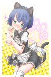  :q absurdres animal_ears ano_natsu_de_matteru blue_hair blush cat_ears fake_animal_ears green_eyes highres kanon_(kurogane_knights) looking_at_viewer maid paw_pose short_hair solo tail tanigawa_kanna thigh-highs thighhighs tongue white_legwear 