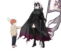 1boy 1girl absurdres age_difference aged_down armor armored_dress blush breasts child emiya_shirou fate/grand_order fate/stay_night fate_(series) flag full_body fur_trim gauntlets grey_hair headpiece highres igote jeanne_d&#039;arc_alter_(fate) la_grondement_du_haine large_breasts looking_at_another looking_down luminosite_eternelle o-ring o-ring_bottom o-ring_top onee-shota orange_hair redhead shokobr shrug_(clothing) simple_background standard_bearer standing thigh-highs thighs white_background 