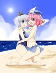  asymmetrical_docking bad_feet barefoot beach bikini blue_eyes breast_press breasts brown_eyes chamayy hairband hat hug konpaku_youmu looking_at_viewer multiple_girls navel ocean open_mouth pink_hair saigyouji_yuyuko sand school_swimsuit short_hair silver_hair skirt smile sun swimsuit touhou triangular_headpiece water wink yuri 