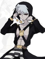  belt belt_buckle black_eyes buckle clown goth_fashion grey_hair jojo_no_kimyou_na_bouken non-web_source pale_skin panties red_pupils risotto risotto_nero striped_clothes striped_panties underwear 