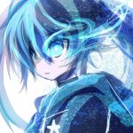  alls black_rock_shooter black_rock_shooter_(character) blue_eyes blue_fire bust face fire hoodie solo 
