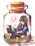  black_eyes black_hair bottle chibi heart in_container long_hair male ouri repede smile tales_of_(series) tales_of_vesperia uniform white_background yuri_lowell 