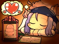  1girl beard blanket blush chibi cloud dora_e dreaming eraser facial_hair gift happy heart hood kumoi_ichirin lavender_hair pencil purple_hair sleeping smile touhou translated translation_request unzan wrapping 