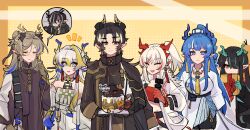  3boys 4girls :d ^_^ absurdres aqua_eyes arknights bandeau bare_shoulders beads black_hair black_robe blonde_hair blue_hair bolo_tie box brother_and_sister brown_hair brown_robe cake chinese_commentary chongyue_(arknights) closed_eyes closed_mouth colored_extremities commentary_request covered_mouth dated_commentary dragon_bubble_(arknights) dragon_girl dragon_horns dusk_(arknights) ear_piercing earrings family food gift gift_box green_hair group_picture hair_intakes hair_over_one_eye happy_birthday he_lianlianlianlian_mo_da_yu_02262 high_collar highres holding holding_gift horns jacket jewelry ling_(arknights) long_hair long_sleeves looking_at_another looking_at_viewer mole mole_under_eye multicolored_hair multiple_boys multiple_girls necklace necktie nian_(arknights) notice_lines off_shoulder one_eye_covered open_clothes open_jacket open_mouth orange_eyes pants parted_bangs piercing pointy_ears red_bandeau red_eyes redhead robe shaded_face shu_(arknights) siblings sisters smile spoken_character standing strapless streaked_hair sweatdrop tube_top violet_eyes wang_(arknights) white_hair white_jacket white_pants white_tube_top yellow_necktie zhi_(arknights) 