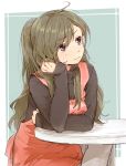  apron brown_hair casual chin_rest kawai_(nrksrk) kawai_makoto long_hair looking_up original purple_eyes sitting solo table violet_eyes 