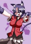  :d animal_ears breasts cat_ears cat_tail claws jiangshi kemonomimi_mode miyako_yoshika no_hat no_headwear ofuda open_mouth outstretched_arms purple_eyes purple_hair short_hair skirt smile solo tail takorice touhou violet_eyes 