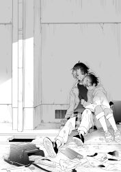  2boys arm_at_side backpack bag bandage_on_face bandages blood book brothers bruise bruise_on_face bruised_eye closed_eyes clothes_around_waist clothes_grab crime_prevention_buzzer crumpled_paper crying dirty dirty_clothes eraser frown grass greyscale gym_uniform half-closed_eyes hand_on_another's_head head_on_another's_shoulder highres hood hoodie hypnosis_mic injury jacket looking_at_another male_focus mole mole_under_eye mole_under_mouth monochrome multiple_boys nosebleed on_ground pants pants_rolled_up parted_bangs pencil pencil_case raised_eyebrows randoseru scrape shirt shirt_around_waist shoes short_hair siblings sitting sneakers yamada_jiro yamada_saburo yuuma_(omaeno_meinichi) 