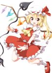  1girl :d ascot brown_eyes flandre_scarlet holding laevatein long_hair looking_at_viewer mary_janes mob_cap open_mouth rakugakiyarou shoes side_ponytail simple_background smile socks solo touhou white_background white_legwear wings wrist_cuffs 