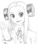  bolt bolts bust drawfag franken_fran glasgow_smile graphite_(medium) labcoat long_hair madaraki_fran monochrome ribbon scar solo stitches traditional_media 