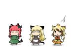  :&lt; animal_ears blonde_hair cat_ears cat_tail chibi haruka_akito harunatsu_akito kaenbyou_rin kemonomimi_mode kirisame_marisa multiple_girls red_hair redhead tail tiger_ears tiger_print tiger_tail toramaru_shou touhou 