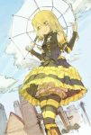  blonde_hair bloomers dress illness_(baccano) pantyhose ponytail short_hair smile striped striped_legwear thigh-highs thighhighs 