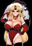  arm_up asakawa_remon bag bell bell_collar black_background black_legwear blonde_hair bracelet breasts cleavage collar elbow_gloves gloves grin hand_on_hip hat hips horn hoshiguma_yuugi huge_breasts jewelry large_breasts long_hair over_shoulder red_eyes red_gloves santa_costume santa_hat simple_background smile solo star thigh-highs thighhighs touhou 