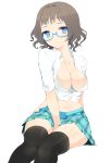  breasts donacoo erect_nipples glasses highres navel original plaid sitting skirt solo thigh-highs thighhighs 