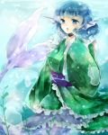  1girl blue_eyes blue_hair bubble japanese_clothes mermaid monster_girl open_mouth short_hair solo touhou u_to4410 underwater wakasagihime 