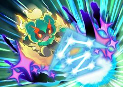  artist_request attack aura full_body glowing jumping kicking marshadow marshadow_(zenith) no_humans official_art open_mouth pokemon pokemon_(creature) pokemon_move red_eyes solo soul-stealing_7-star_strike_(pokemon) third-party_source v-shaped_eyes z-move 