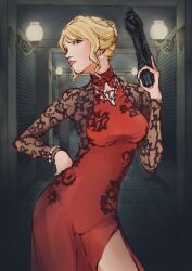 1girl blonde blonde_hair done_(artist) earrings female female_focus gun hallway house_of_the_dead house_of_the_dead_scarlet_dawn kate_green light machine_gun red_dress red_lips sega